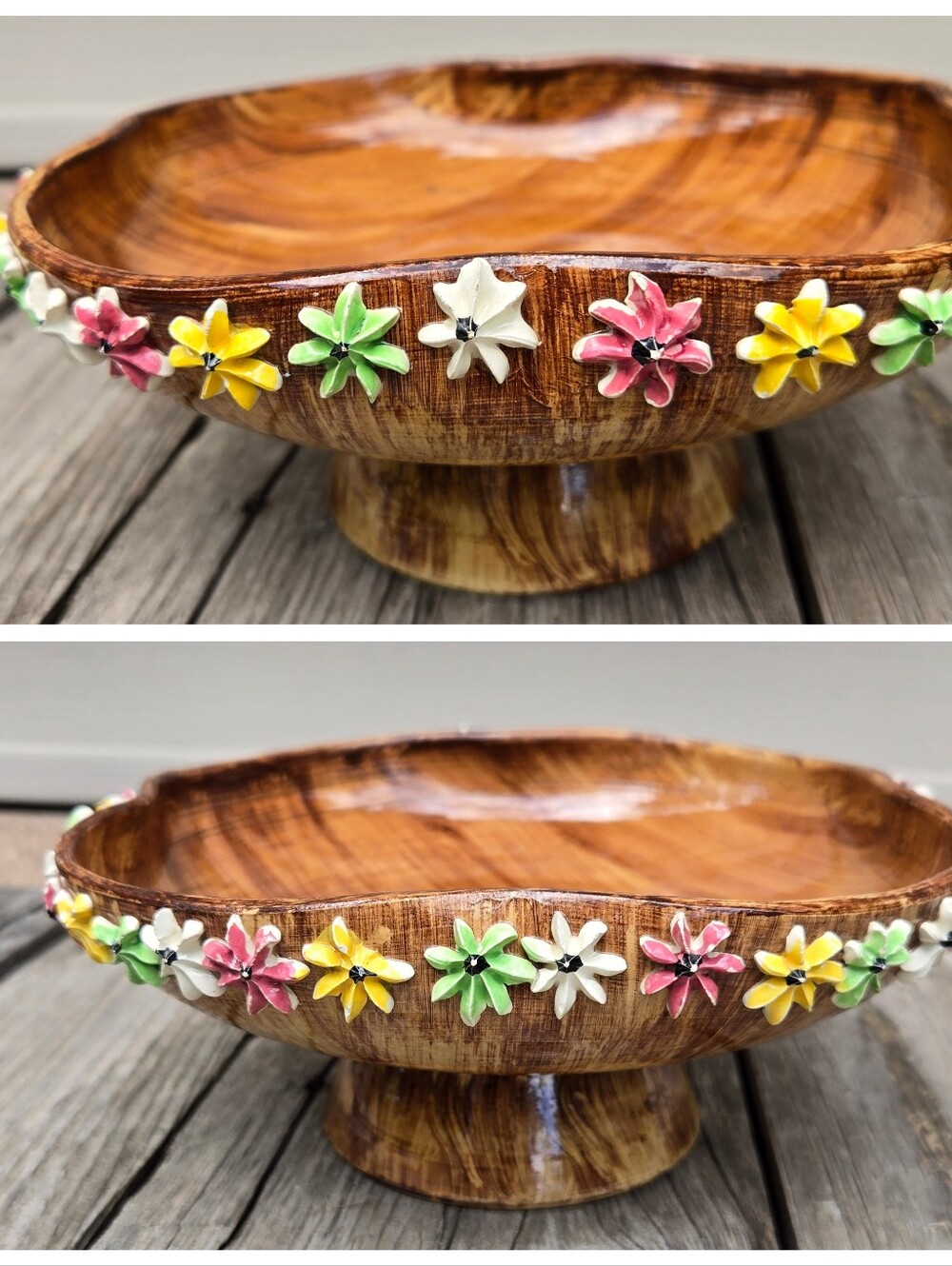 Vtg Elbee Brown Pottery Footed Bowl Raused Flowers Made In Italy MCM